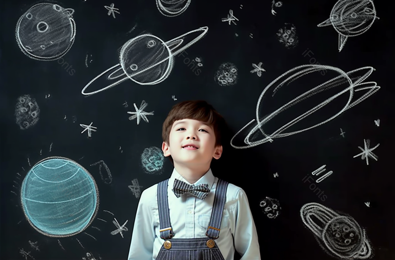 外国小男孩站在画了宇宙的黑板画前面,高清,摄影图,摄影图片,图片大全,摄影图免费下载